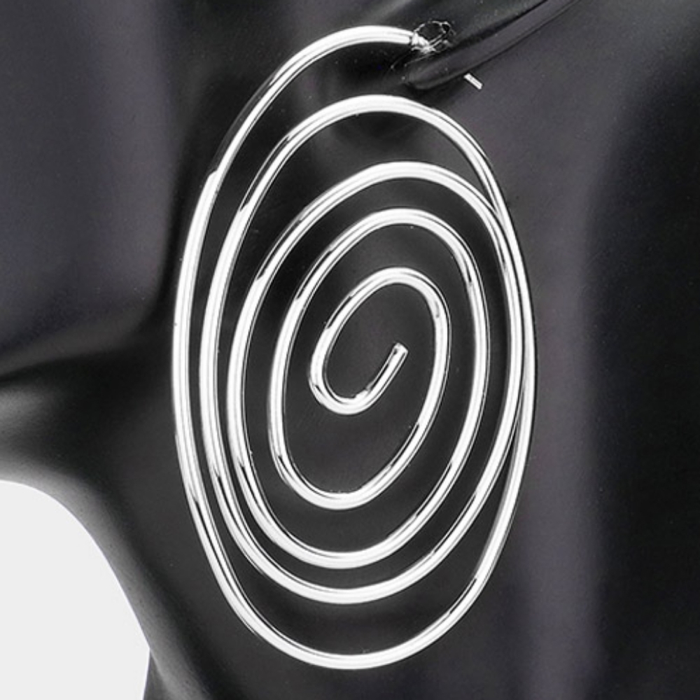 Silver Oval Swirl Design Hoop Metal Spiral Earrings 2.75 Cute Statement Jewelry - Picture 3 of 3